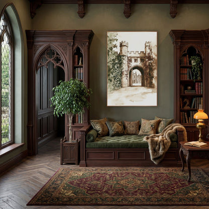 Ivy Gatehouse Sepia Ink Sketch wall art in a moody dark academia room – sepia ink and wash drawing of an ivy-covered