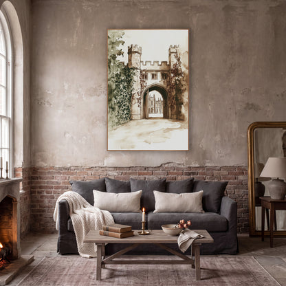 Ivy Gatehouse Sepia Ink Sketch wall art in a moody dark academia room – sepia ink and wash drawing of an ivy-covered