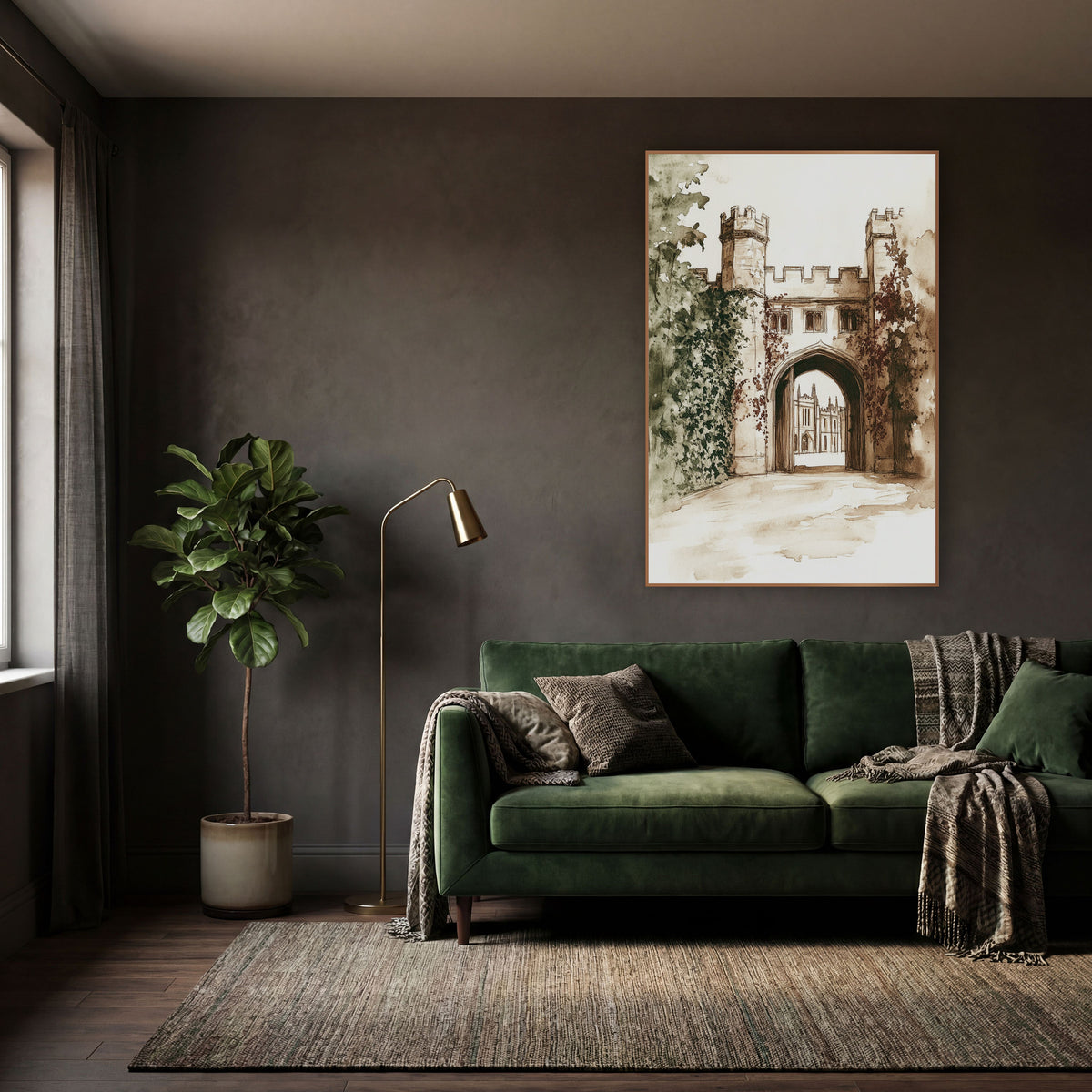 Ivy Gatehouse Sepia Ink Sketch wall art in a moody dark academia room – sepia ink and wash drawing of an ivy-covered