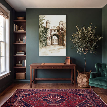 Ivy Gatehouse Sepia Ink Sketch wall art in a moody dark academia room – sepia ink and wash drawing of an ivy-covered