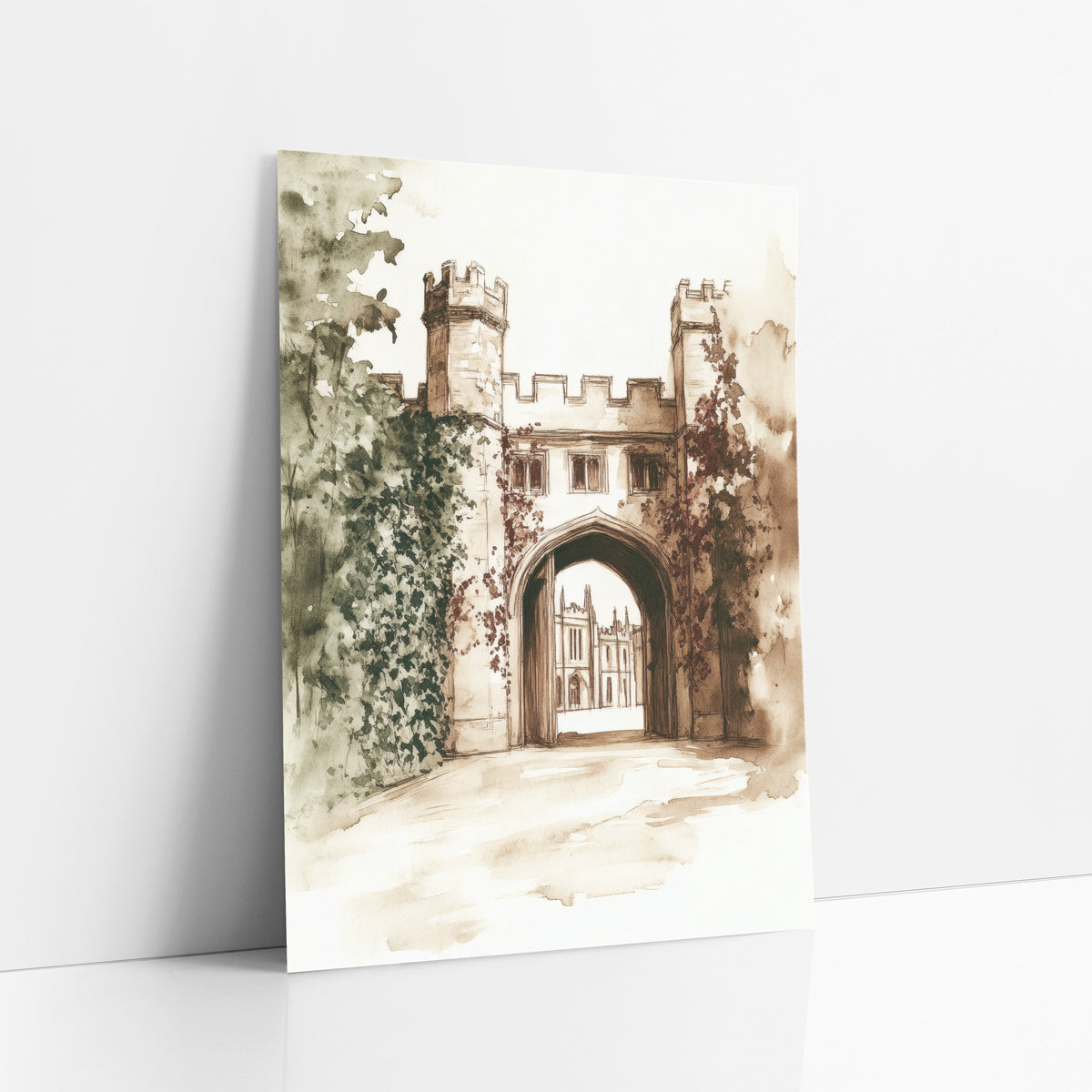 Ivy Gatehouse Sepia Ink Sketch art print leaning against a white wall – sepia ink and wash drawing of an ivy-covered stone