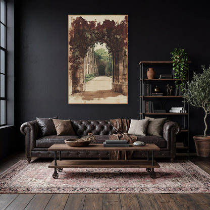 Burgundy Ivy Frame Archway Vintage wall art in a moody dark academia room – sepia ink and wash drawing