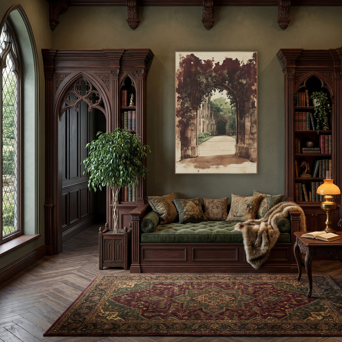 Burgundy Ivy Frame Archway Vintage wall art in a moody dark academia room – sepia ink and wash drawing