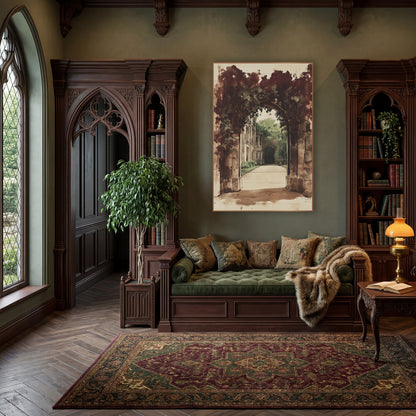 Burgundy Ivy Frame Archway Vintage wall art in a moody dark academia room – sepia ink and wash drawing