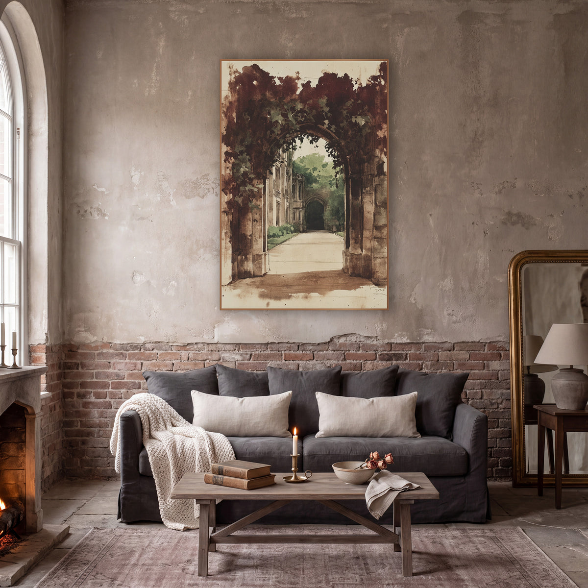 Burgundy Ivy Frame Archway Vintage wall art in a moody dark academia room – sepia ink and wash drawing