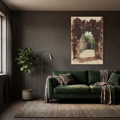 Burgundy Ivy Frame Archway Vintage wall art in a moody dark academia room – sepia ink and wash drawing