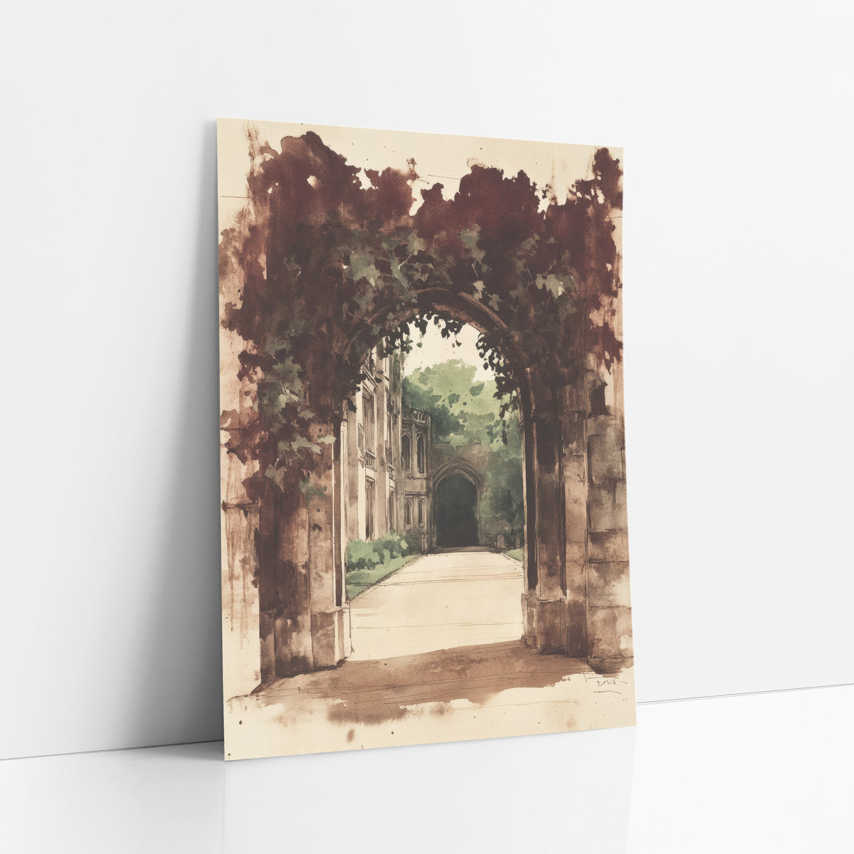 Burgundy Ivy Frame Archway Vintage art print leaning against a white wall – sepia ink and wash drawing of a vine-covered