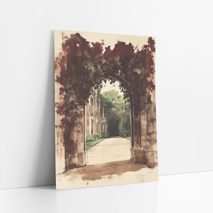 Burgundy Ivy Frame Archway Vintage art print leaning against a white wall – sepia ink and wash drawing of a vine-covered