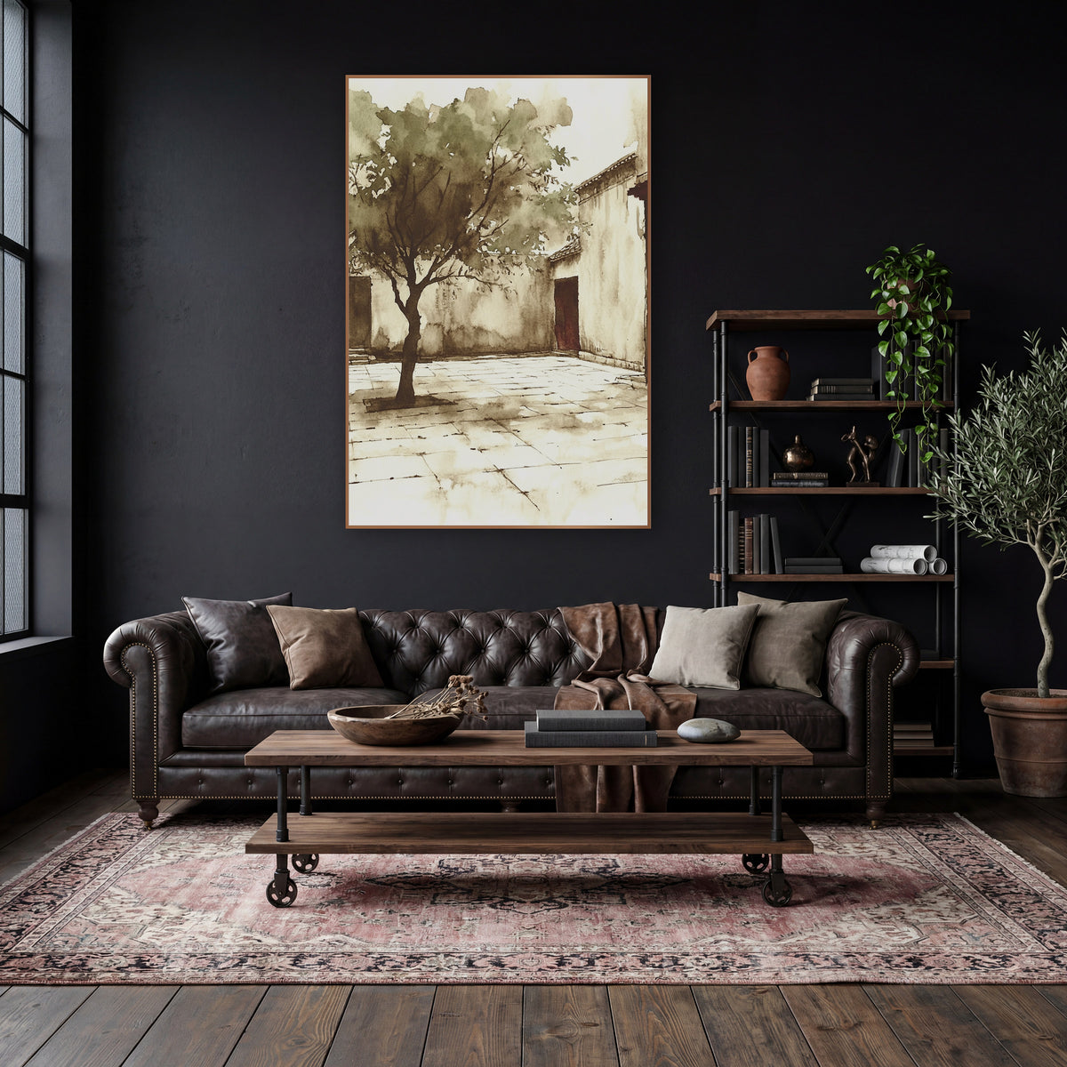 Sepia Courtyard Tree Ink Sketch wall art in a moody dark academia room – sepia ink and wash drawing of a leafy tree