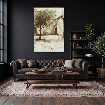 Sepia Courtyard Tree Ink Sketch wall art in a moody dark academia room – sepia ink and wash drawing of a leafy tree