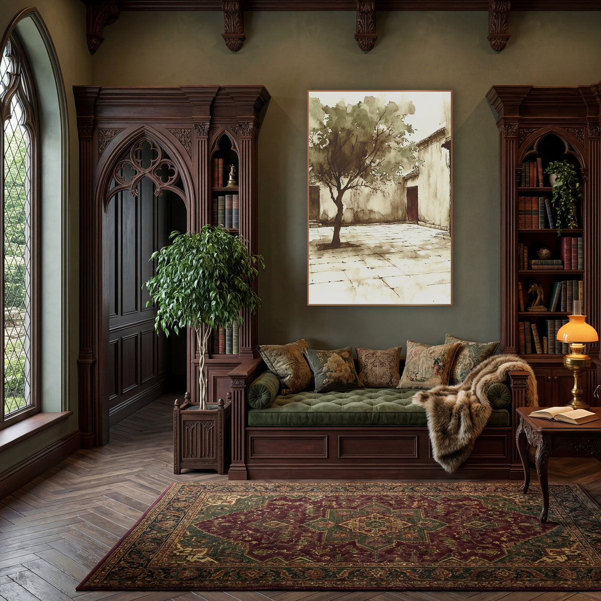 Sepia Courtyard Tree Ink Sketch wall art in a moody dark academia room – sepia ink and wash drawing of a leafy tree