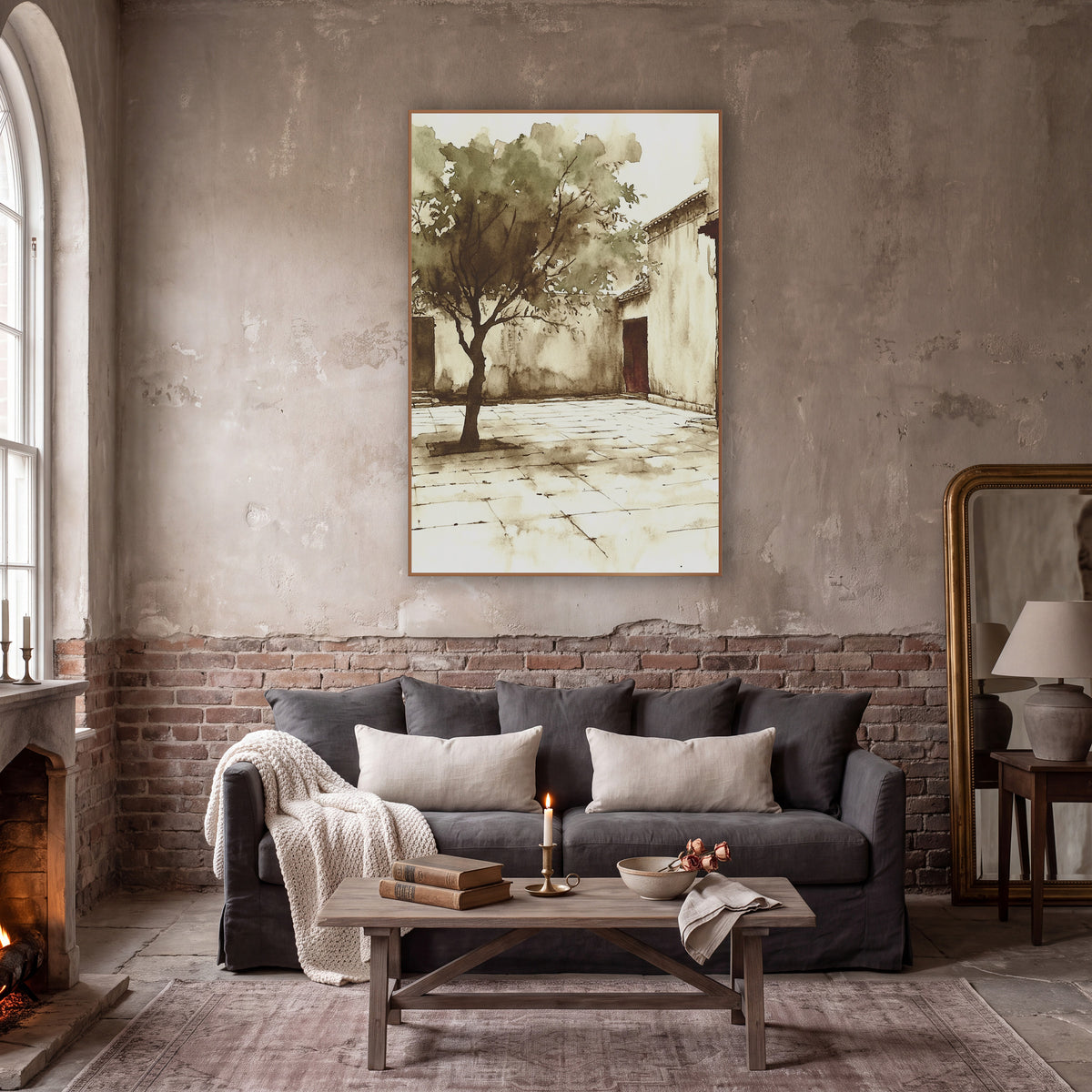 Sepia Courtyard Tree Ink Sketch wall art in a moody dark academia room – sepia ink and wash drawing of a leafy tree
