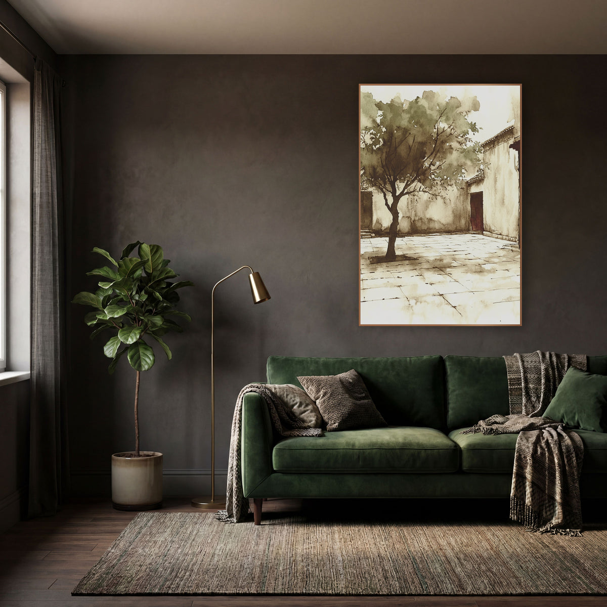 Sepia Courtyard Tree Ink Sketch wall art in a moody dark academia room – sepia ink and wash drawing of a leafy tree