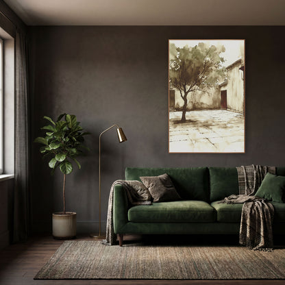 Sepia Courtyard Tree Ink Sketch wall art in a moody dark academia room – sepia ink and wash drawing of a leafy tree