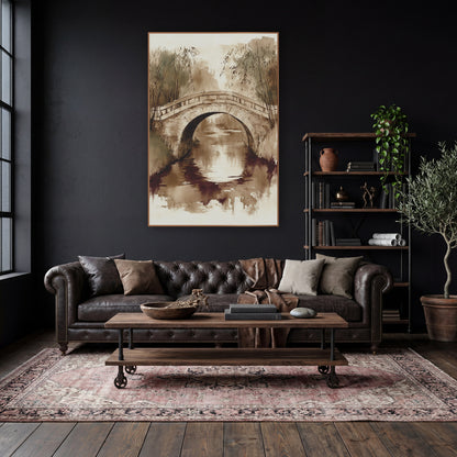 Sepia Stone Arch Bridge Landscape wall art in a moody dark academia room – sepia ink and wash scene of a stone arch