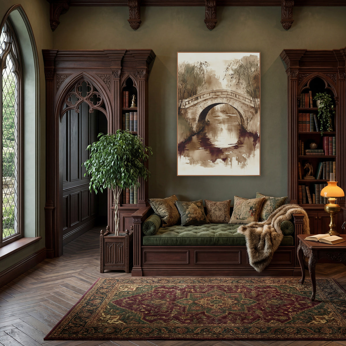 Sepia Stone Arch Bridge Landscape wall art in a moody dark academia room – sepia ink and wash scene of a stone arch