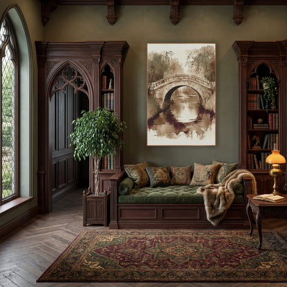 Sepia Stone Arch Bridge Landscape wall art in a moody dark academia room – sepia ink and wash scene of a stone arch