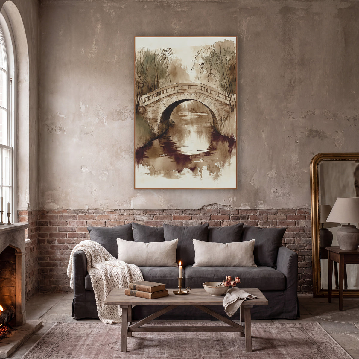 Sepia Stone Arch Bridge Landscape wall art in a moody dark academia room – sepia ink and wash scene of a stone arch