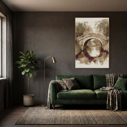 Sepia Stone Arch Bridge Landscape wall art in a moody dark academia room – sepia ink and wash scene of a stone arch