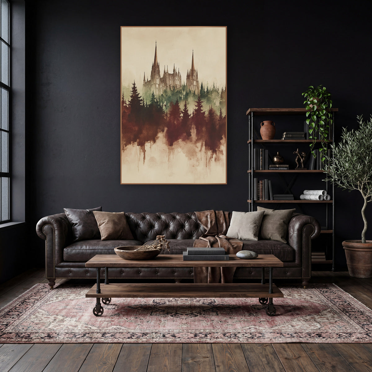 Gothic Spires Misty Forest Sepia wall art in a moody dark academia room – gothic building with tall spires above misty