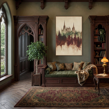 Gothic Spires Misty Forest Sepia wall art in a moody dark academia room – gothic building with tall spires above misty