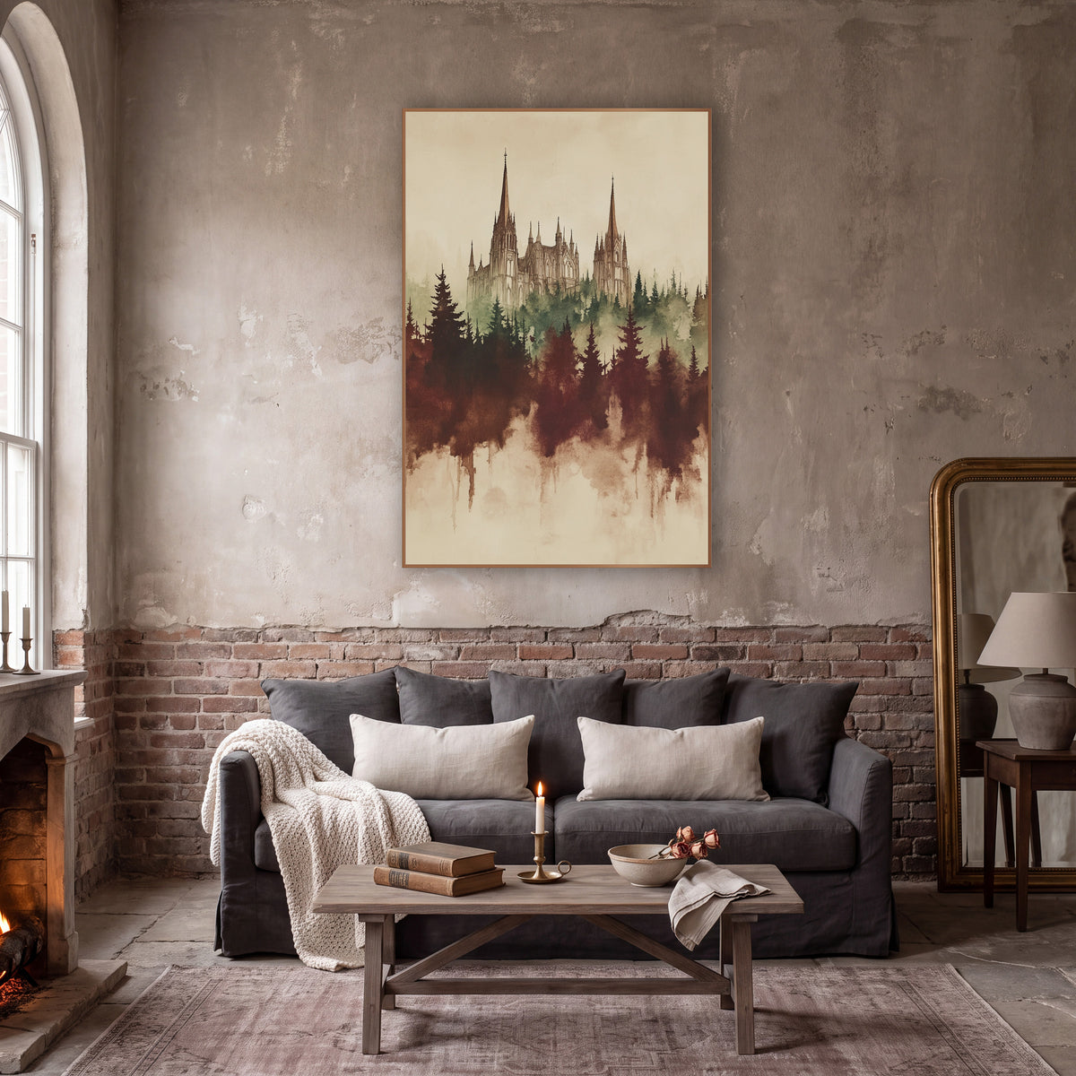 Gothic Spires Misty Forest Sepia wall art in a moody dark academia room – gothic building with tall spires above misty