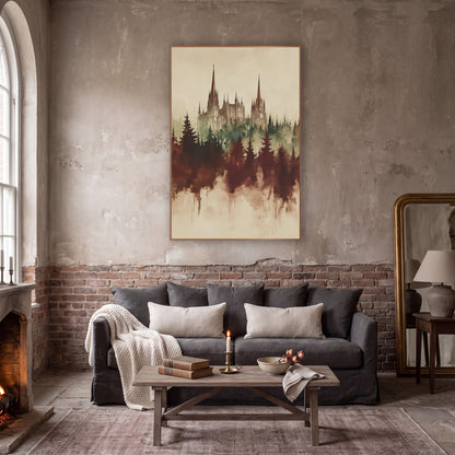 Gothic Spires Misty Forest Sepia wall art in a moody dark academia room – gothic building with tall spires above misty