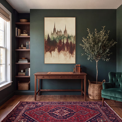 Gothic Spires Misty Forest Sepia wall art in a moody dark academia room – gothic building with tall spires above misty