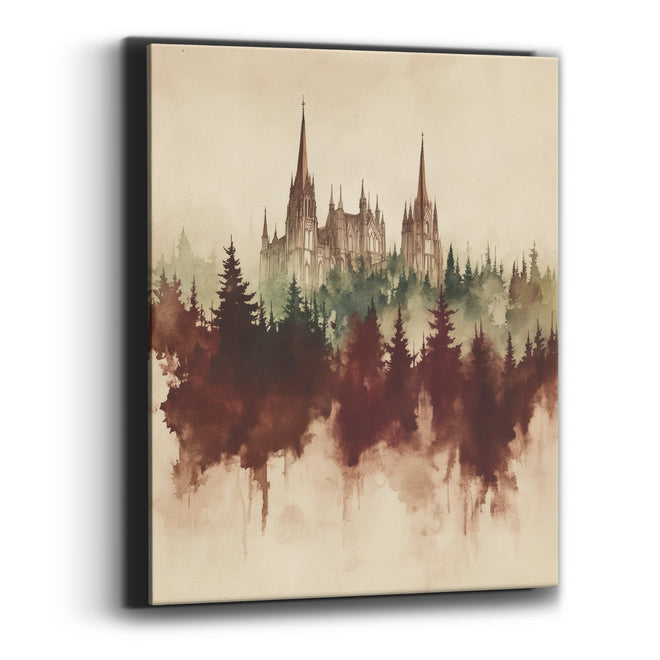 Gothic Spires Misty Forest Sepia Canvas Wall Art