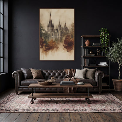 Sepia Gothic Spires Ink Wash wall art in a moody dark academia room – sepia ink and wash drawing of a gothic building