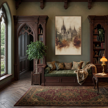 Sepia Gothic Spires Ink Wash wall art in a moody dark academia room – sepia ink and wash drawing of a gothic building