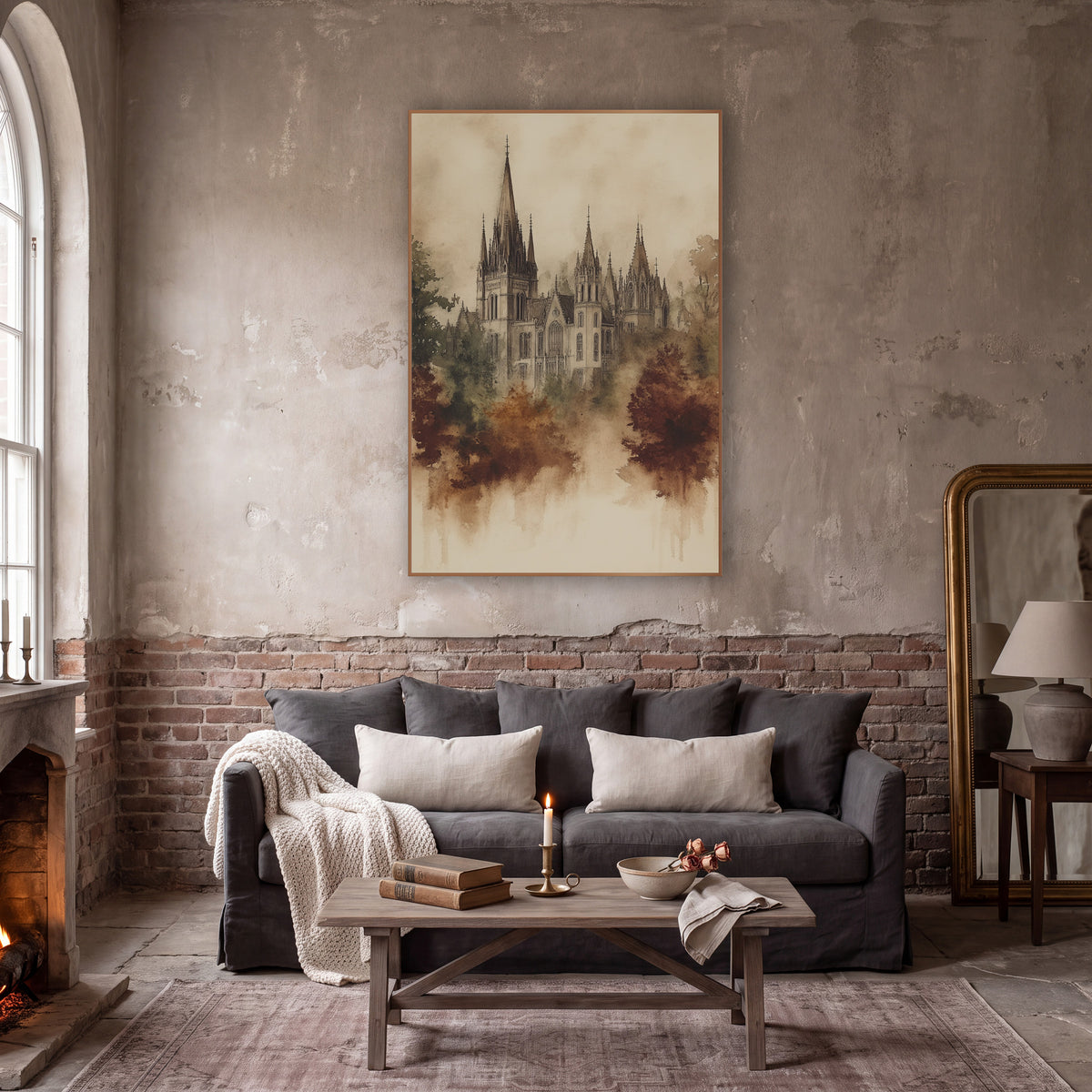 Sepia Gothic Spires Ink Wash wall art in a moody dark academia room – sepia ink and wash drawing of a gothic building