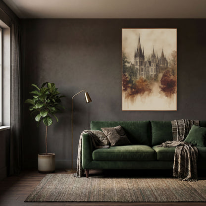 Sepia Gothic Spires Ink Wash wall art in a moody dark academia room – sepia ink and wash drawing of a gothic building