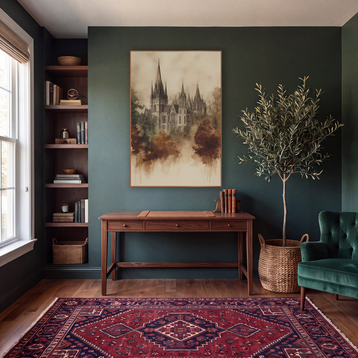 Sepia Gothic Spires Ink Wash wall art in a moody dark academia room – sepia ink and wash drawing of a gothic building