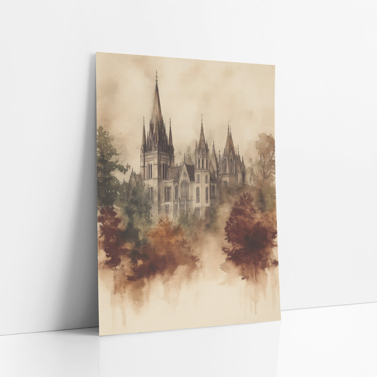 Sepia Gothic Spires Ink Wash art print leaning against a white wall – sepia ink and wash drawing of a gothic building