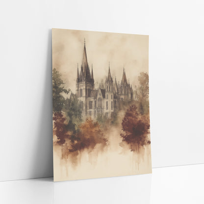 Sepia Gothic Spires Ink Wash art print leaning against a white wall – sepia ink and wash drawing of a gothic building