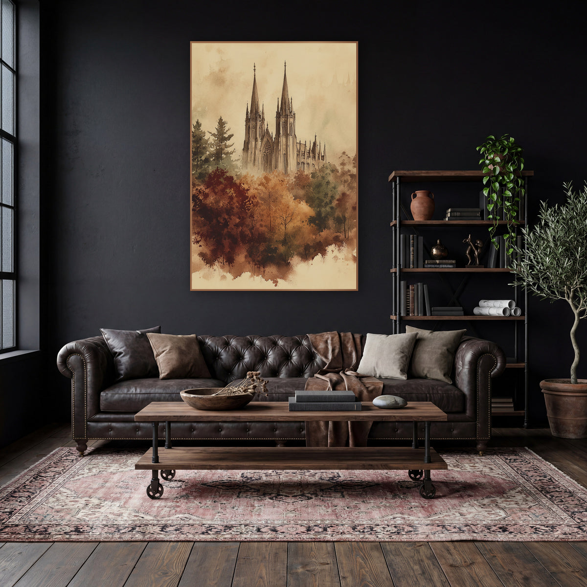Gothic Spires Autumn Woodland Sketch wall art in a moody dark academia room – sepia ink and wash drawing of a gothic