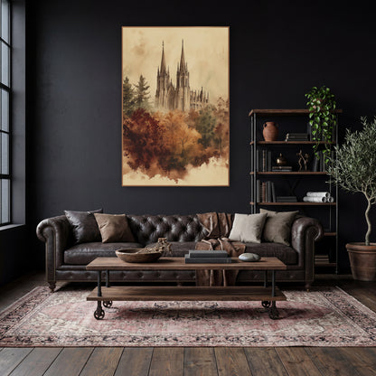 Gothic Spires Autumn Woodland Sketch wall art in a moody dark academia room – sepia ink and wash drawing of a gothic