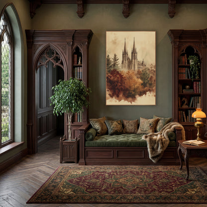 Gothic Spires Autumn Woodland Sketch wall art in a moody dark academia room – sepia ink and wash drawing of a gothic
