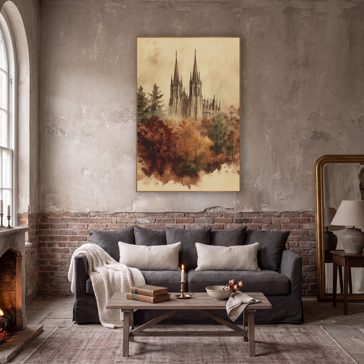 Gothic Spires Autumn Woodland Sketch wall art in a moody dark academia room – sepia ink and wash drawing of a gothic