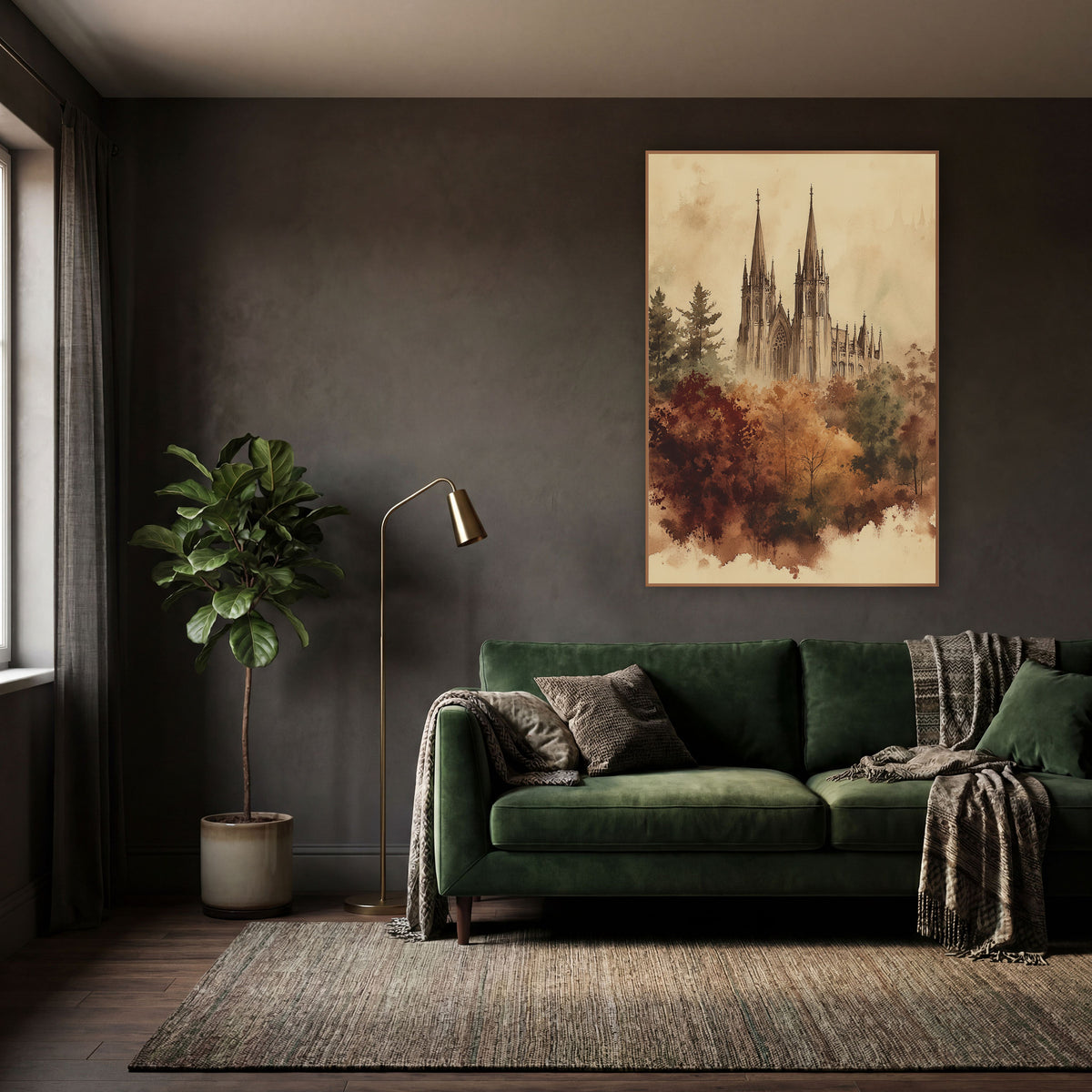 Gothic Spires Autumn Woodland Sketch wall art in a moody dark academia room – sepia ink and wash drawing of a gothic
