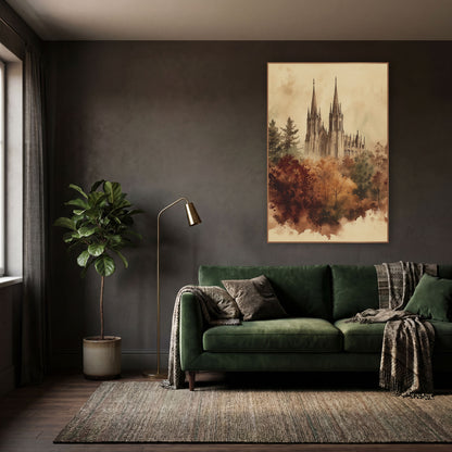 Gothic Spires Autumn Woodland Sketch wall art in a moody dark academia room – sepia ink and wash drawing of a gothic