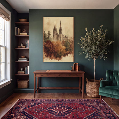 Gothic Spires Autumn Woodland Sketch wall art in a moody dark academia room – sepia ink and wash drawing of a gothic