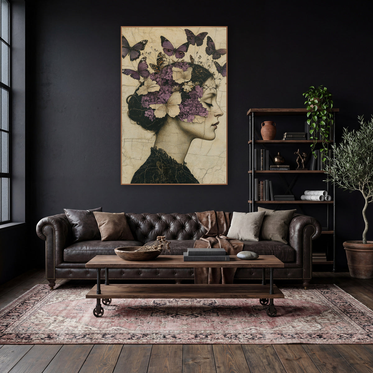 Woman Lilac Butterflies Vintage Portrait wall art in a moody dark academia room – woman in profile with closed eyes