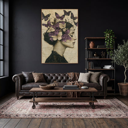 Woman Lilac Butterflies Vintage Portrait wall art in a moody dark academia room – woman in profile with closed eyes