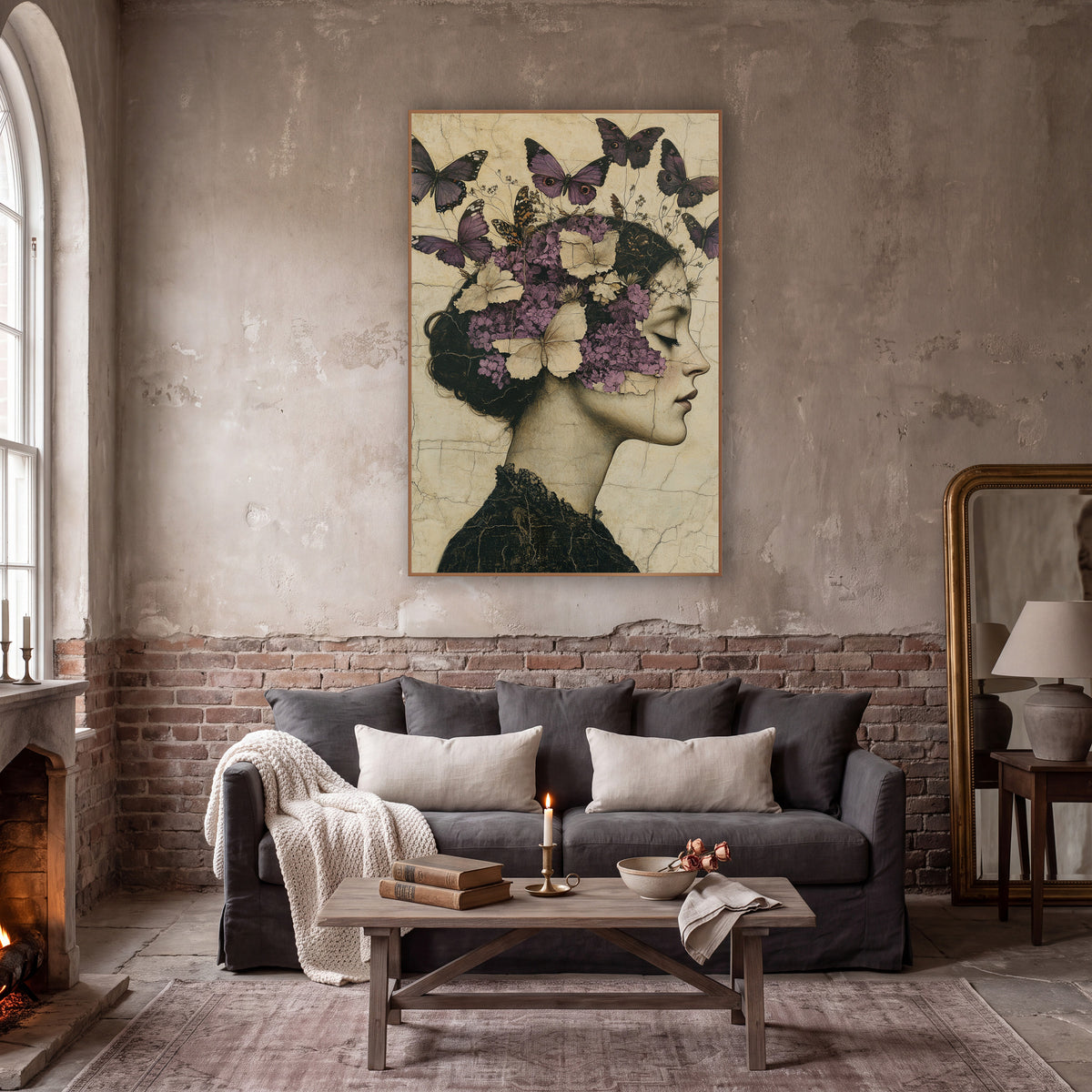 Woman Lilac Butterflies Vintage Portrait wall art in a moody dark academia room – woman in profile with closed eyes