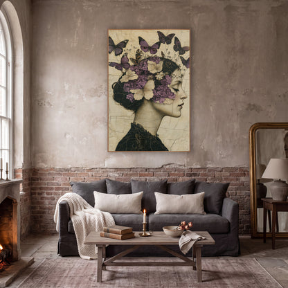 Woman Lilac Butterflies Vintage Portrait wall art in a moody dark academia room – woman in profile with closed eyes