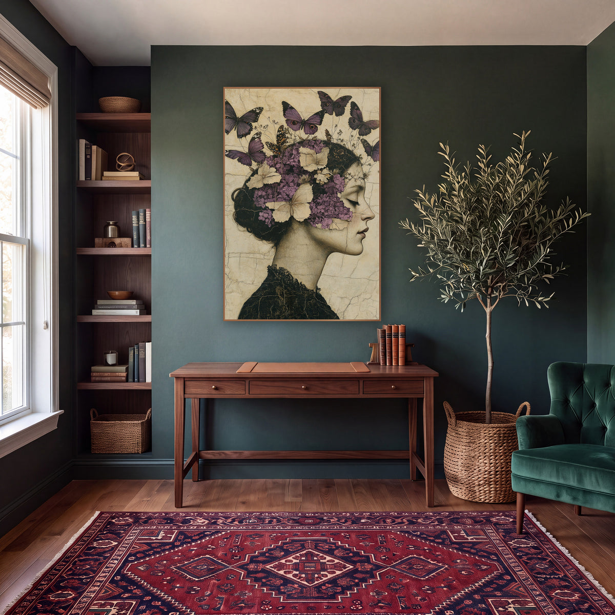 Woman Lilac Butterflies Vintage Portrait wall art in a moody dark academia room – woman in profile with closed eyes
