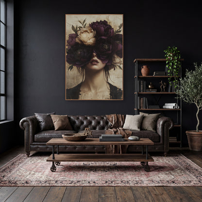 Plum Peony Veiled Portrait Surreal wall art in a moody dark academia room – surreal portrait of a woman with large