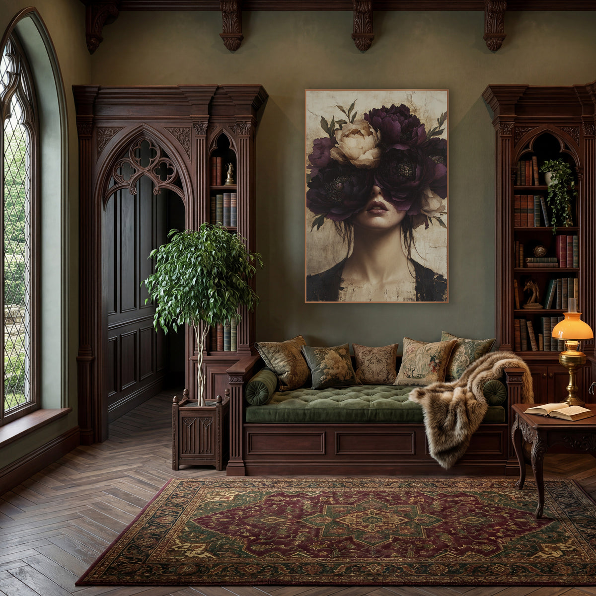 Plum Peony Veiled Portrait Surreal wall art in a moody dark academia room – surreal portrait of a woman with large